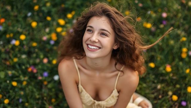 Joyful Woman Enjoying Summer in Blooming Wildflower Meadow