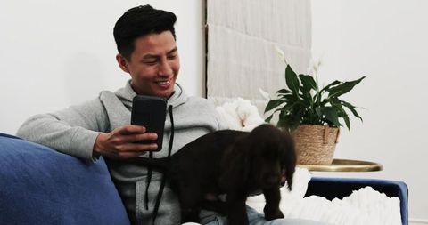 Man Relaxing with Puppy on Sofa Using Smartphone Indoors