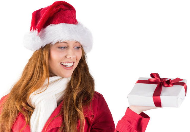 Redhead Woman in Santa Hat Presenting Gift on Transparent Background - Download Free Stock Videos Pikwizard.com