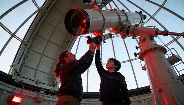 Mentor adjusting large observatory telescope with teen apprentice under glass dome