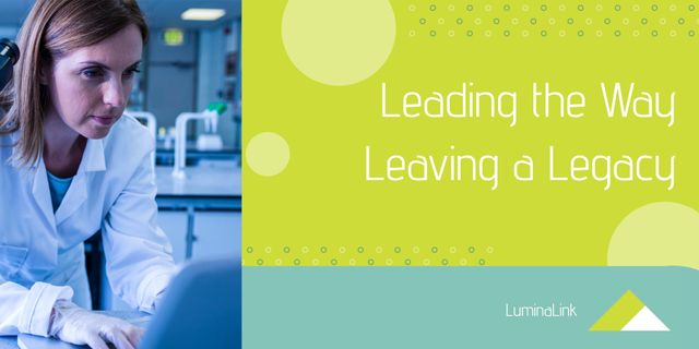 This visual captures a healthcare professional working diligently in a laboratory setting, symbolized through the motivational text 'Leading the Way, Leaving a Legacy.' Ideal for medical, educational, and professional websites that emphasize innovation and dedication in healthcare, it aligns well with company presentations, medical conferences, and health-focused promotions. Featuring the LuminaLink logo, it conveys brand dedication to medical innovation.