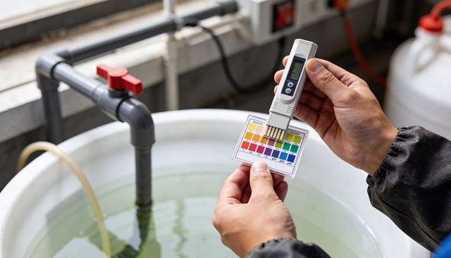 Technician testing ph levels in aquaculture tank with digital meter and color chart