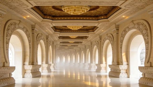 Luxury ornate marble arched gallery drawing eye to vanishing point with golden chandeliers