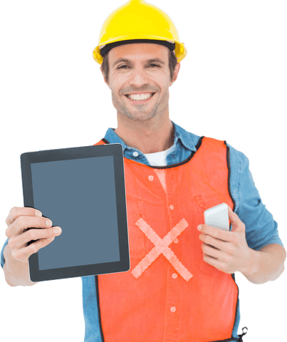 smiling construction worker displaying tablet on transparent background - Download Free Stock Videos Pikwizard.com