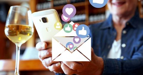 Senior Woman Engaging with Social Media on Smartphone with Virtual Icons