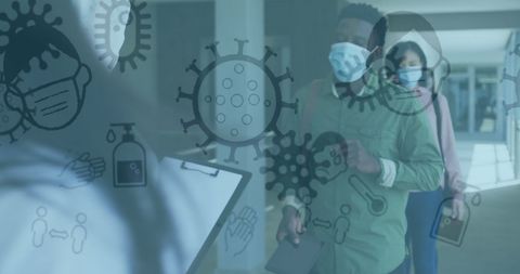 Office Workers Wearing Masks with Covid-19 Pandemic Icons Overlay