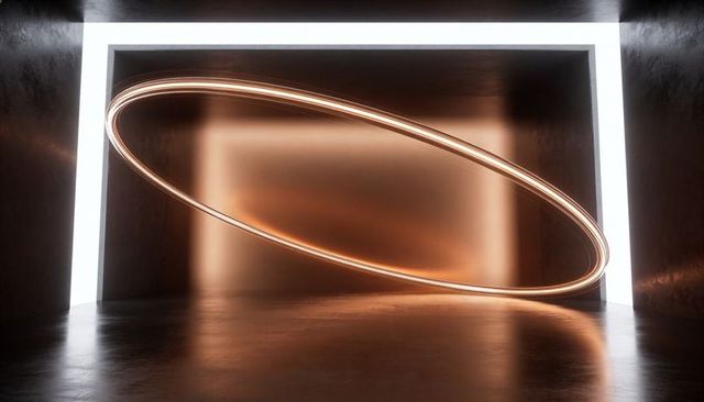 Copper Oval Light Ring Floating in Minimal Metallic Alcove with Halo Reflection and White LED Frame