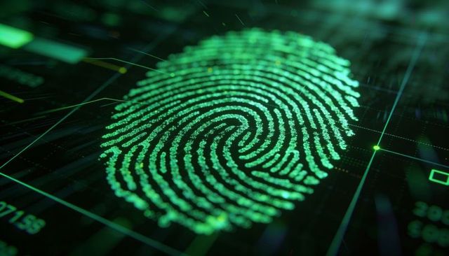 Glowing Biometric Fingerprint Scanning on Futuristic Holographic Cybersecurity Interface