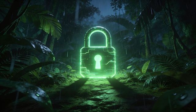 Neon hologram padlock glowing on rainy rainforest path representing cybersecurity