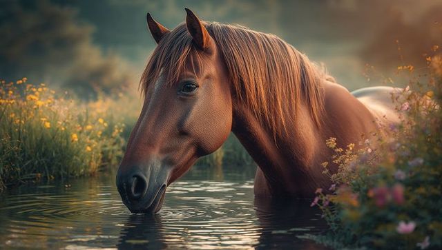 Chestnut horse drinking from tranquil meadow pond at sunset