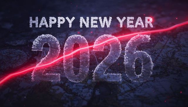 Glowing frosted 2026 celebrating Happy New Year with red laser streak moody neon glow