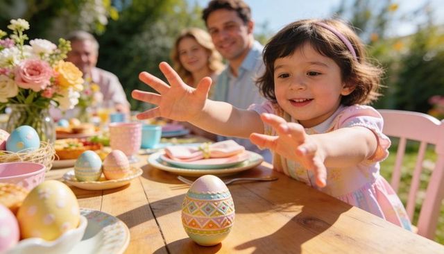 Toddler reaching for painted easter egg on outdoor family table in spring sunshine