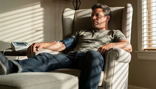 Man monitoring blood pressure at home in sunlit armchair wearing digital cuff, contemplative express