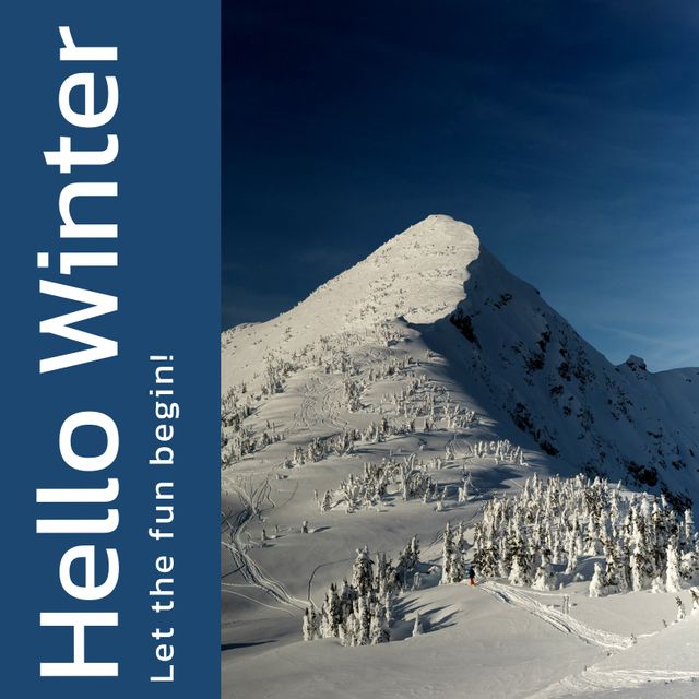 Perfect for winter-themed greeting cards, marketing materials for winter sports and outdoor activities, or seasonal social media posts. The prominent snowcapped mountain under a blue sky invokes feelings of adventure and the beauty of winter nature, ideal for inspiring winter-time excitement.