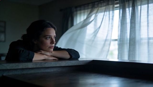 Contemplative woman leaning on counter gazing through sheer curtains in soft window light
