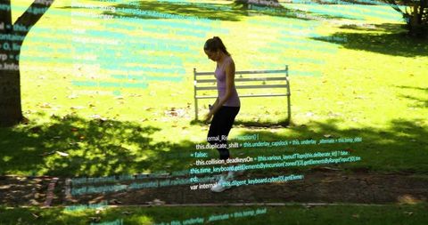 Walking woman in purple tank checking smartphone in sunny park with ar code overlay