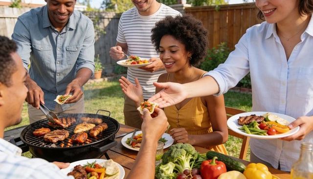 Friends sharing grilled food at backyard barbecue passing plates and using tongs