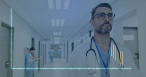 Male Doctor Standing in Hospital Corridor with Data Overlay Showing Clinical Efficiency