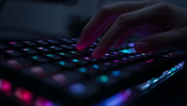 Typing on rgb mechanical keyboard with neon backlight, close-up hand in low light