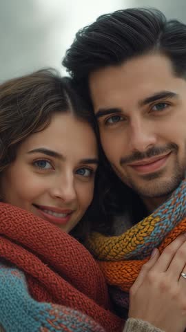 Couple Smiling and Showing Engagement Ring While Wearing Colorful Knitted Scarves | Vertical Video