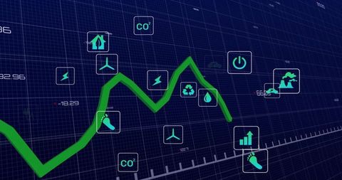 Neon green sustainability trend line chart showing CO2 emissions and renewable energy icons