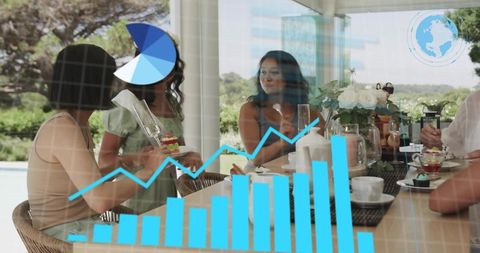 Women networking over brunch with blue data visualization overlay