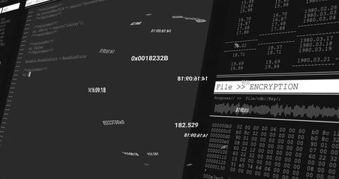 Cybersecurity encryption dashboard displaying hex dump, waveform, file encryption progress