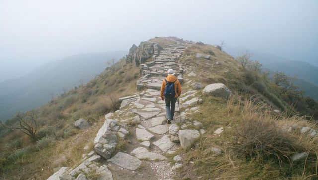 Solo hiker walking stone ridge on misty mountain trail carrying blue backpack and pole
