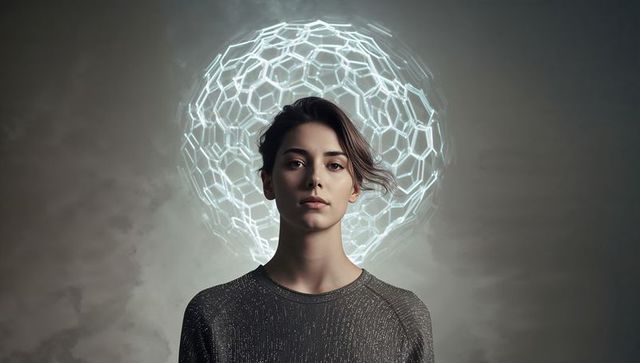 Woman standing calmly with glowing geometric halo suggesting digital mindfulness