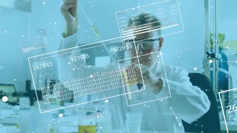 Senior Scientist Doing Experiments with Futuristic Data Panel Overlay