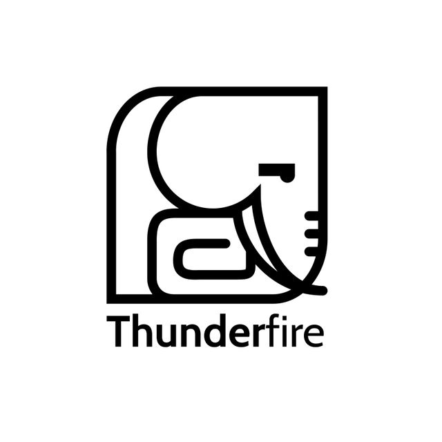 Minimalist elephant logo in black and white representing Thunderfire brand. Perfect for business branding, corporate identity, and promotional materials. Use as logo design for tech companies, startups, or any modern business seeking a clean, stylish, and professional look.