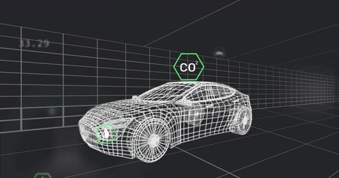 3D Wireframe Sedan with CO² Icon in Virtual Wind Tunnel