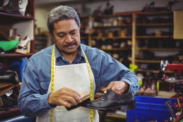 Senior shoemaker polishing a leather shoe in a workshop filled with tools and materials. Ideal for use in articles about traditional craftsmanship, small businesses, skilled trades, and handmade products.