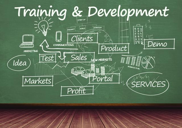 Digitally generated image of training and development concept on green board
