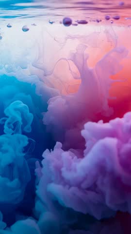 Vertical pigment diffusion video, droplet rippling, plumes rising, blending into purple gradient