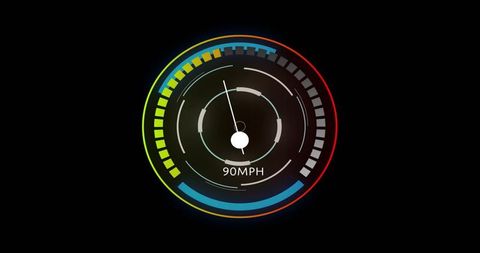 Displaying futuristic circular digital speedometer HUD glowing multicolor ring, needle