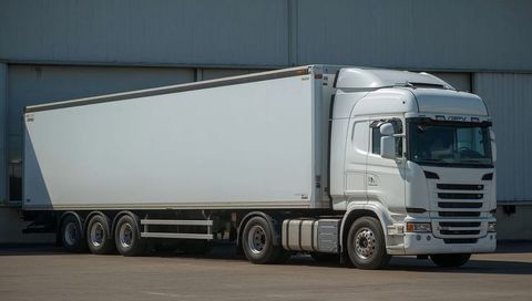 White Semi-Truck with Box Trailer Parked at Freight Yard