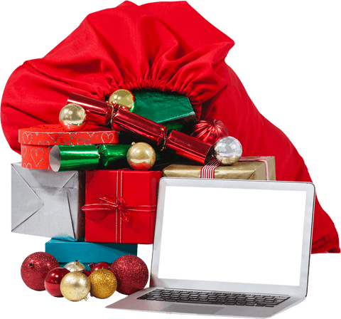 Transparent Santa's Gift Bag with Laptop for Christmas Design Mockup