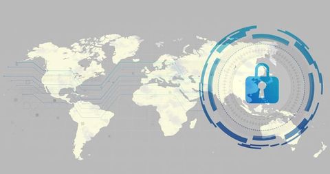 Blue Padlock Pulsing Inside Circular HUD Over Global Digital Map Cybersecurity Concept