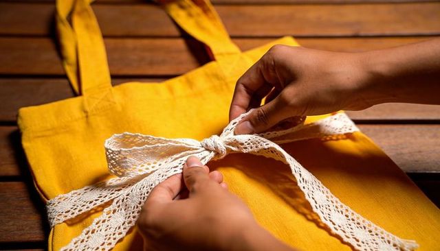 Tying crocheted lace ribbon into bow on yellow canvas tote with adult hands closeup