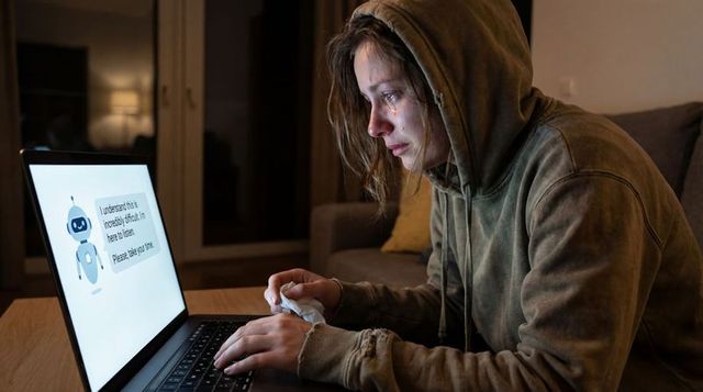 Distressed young woman crying while chatting with empathetic ai chatbot on laptop at night