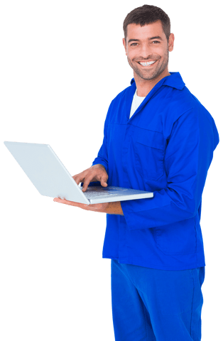 transparent mechanic smiling while using laptop for digital work - Download Free Stock Videos Pikwizard.com