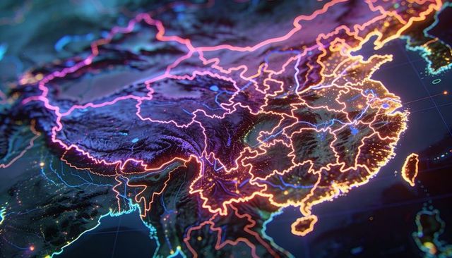 Displaying 3d neon topographic map of china with glowing borders, elevation and city lights