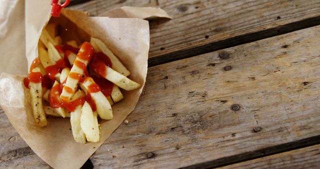 Close-up of ketchup being squeezed over french fried chips on tray