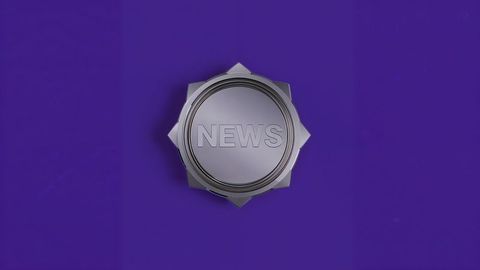 Rotating metallic news badge on purple background