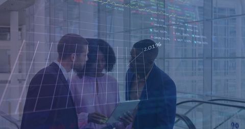 Diverse business team analyzing global data interactions