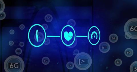 Neon Tech Icons with Futuristic 6G Wireless Network Design