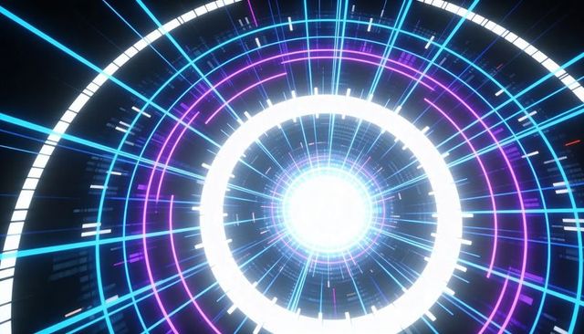 Pulsing Neon Core Emitting Concentric Cyan and Magenta Rings with Futuristic Light Beams