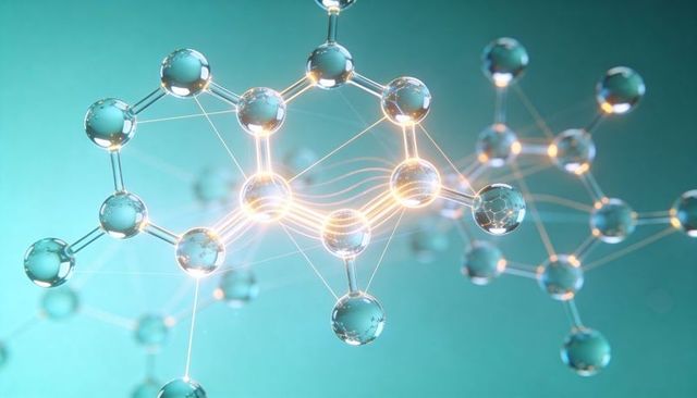 Glowing Glass Molecular Network with Warm Energy Flow, 3D Scientific Concept Illustration