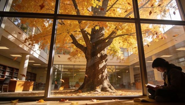Sunlit golden maple framing student reading in library atrium courtyard
